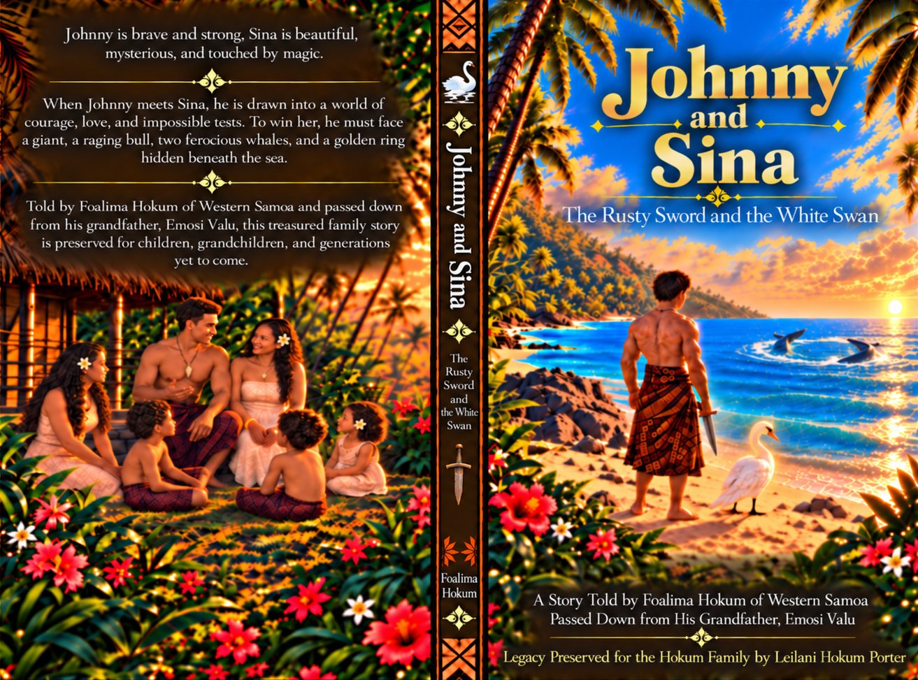 The full book jacket: the family gathered under palms on the back, the spine with a white swan and rusty sword, and Johnny with the white swan on the front.
