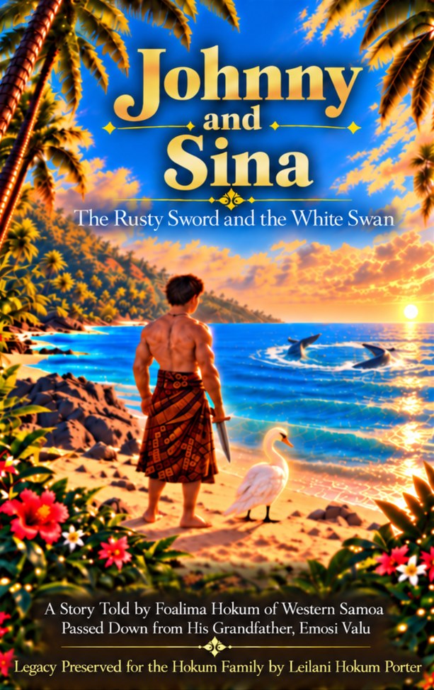 Cover of Johnny and Sina: Johnny on a Samoan beach at sunset beside a white swan, holding a small rusty sword.